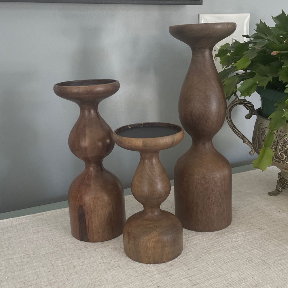 Crate & Barrel set of 3 Elegant Brown Wooden Candle Holders. - Picture 6 of 6